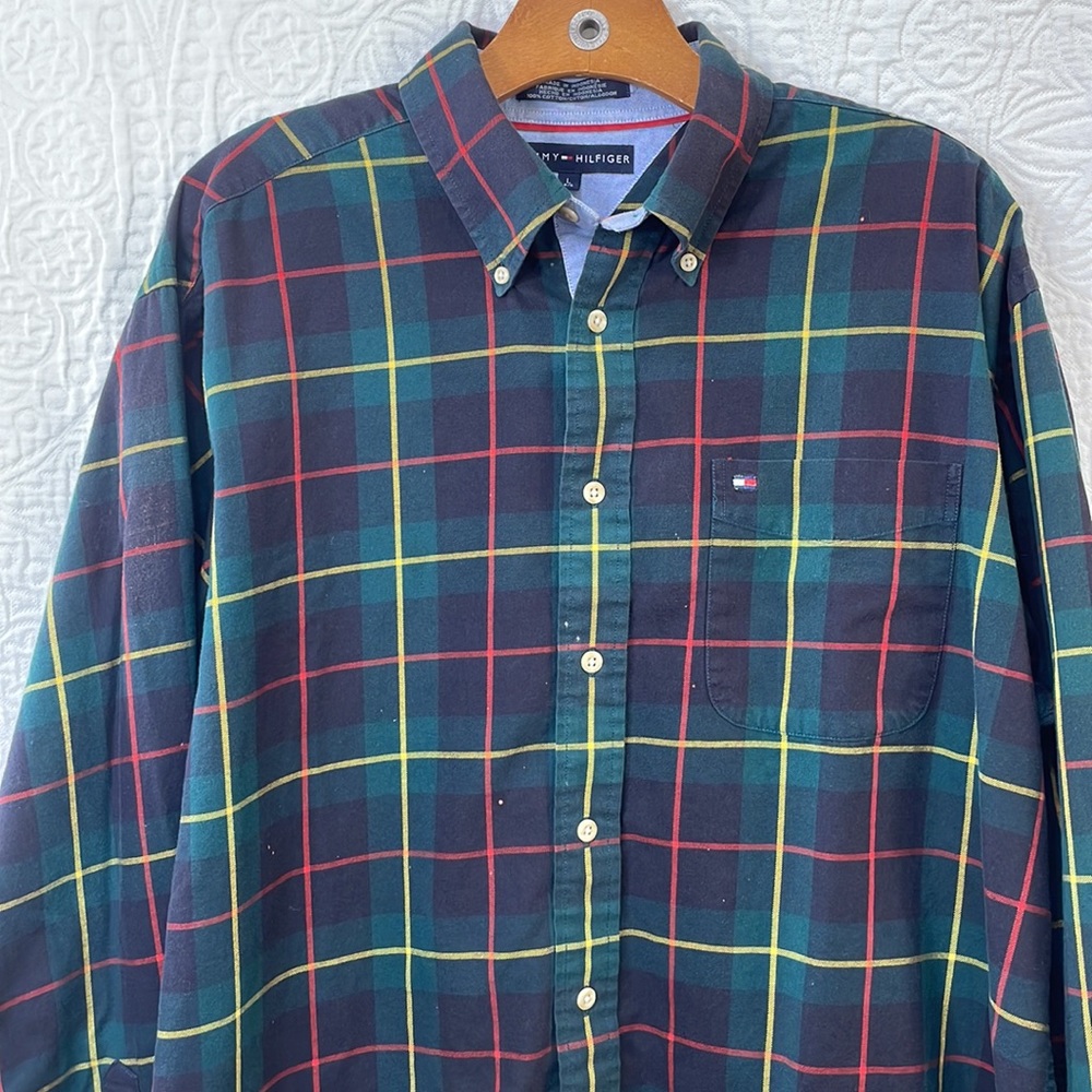 Tommy Hilfiger dark blue/green plaid w red/yellow long sleeve work shirt - Picture 2 of 10